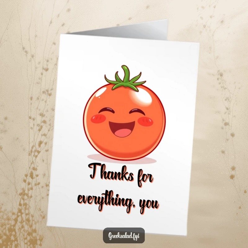 Funny Free Printable tomato thank you card, a joyful tomato with a rosy blush rolling with laughter, expressing thanks with genuine mirth.