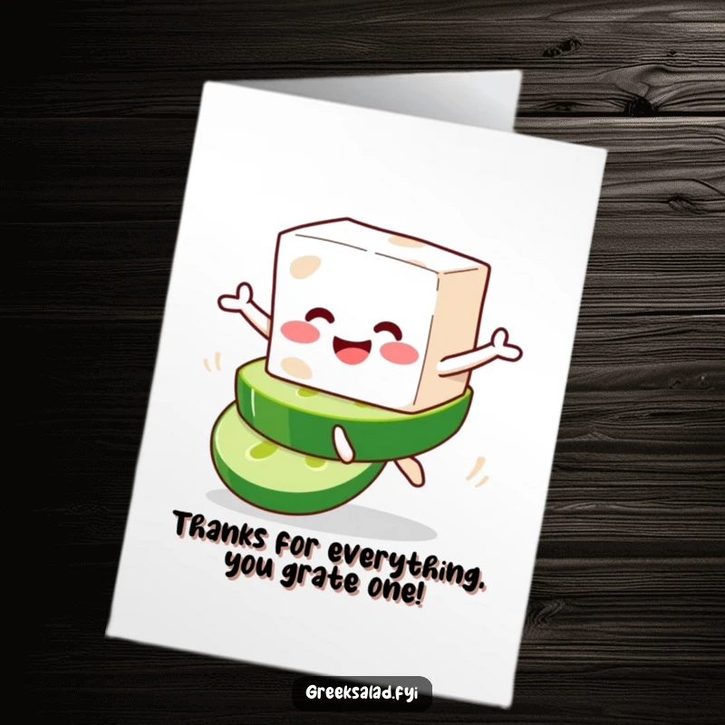 Funny Free Printable Thank You Card: A smiling feta block character playfully leaping from a cucumber slice, conveying thanks with cheer.