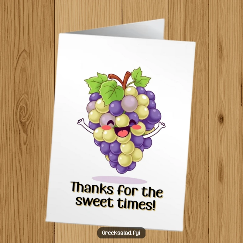 Funny Free Printable Thank You Card: A bunch of grapes bounces with delight, happily expressing thanks.