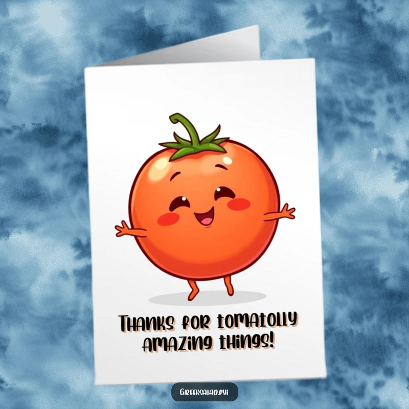 Free Printable Thank You Card: A smiling tomato with tiny legs does a lively dance, conveying a cheerful and energetic thank you.