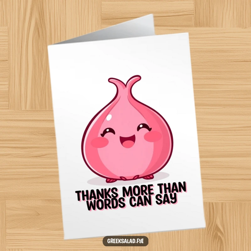 Funny Free Printable Thank You Card: A happy red onion peeks out, offering a cheerful and funny thank you.