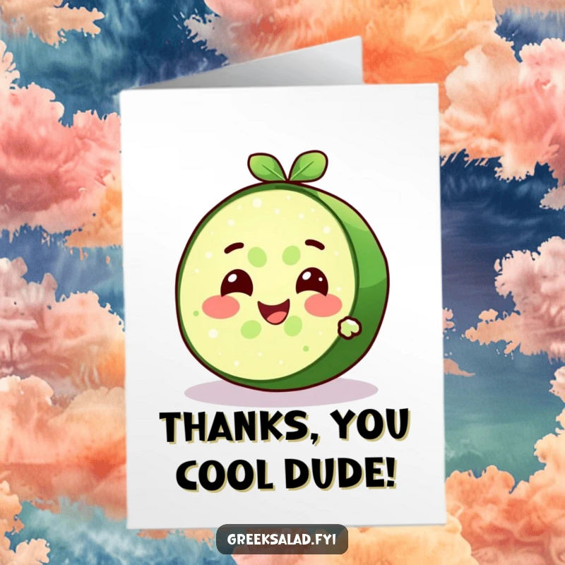 Funny Free Printable Thank You Card: Delighted cucumber slice character with a cool, refreshing smile, thank you art.