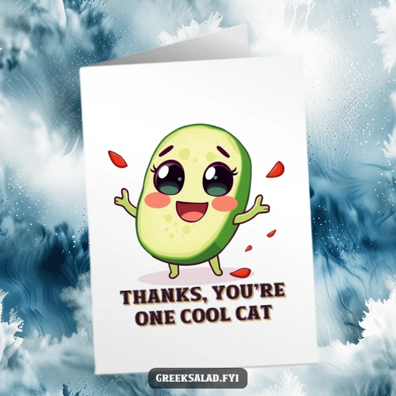 Funny Free Printable cucumber thank you card, a delighted slice with wide eyes juggling red pepper flakes, a quirky way to say thanks.