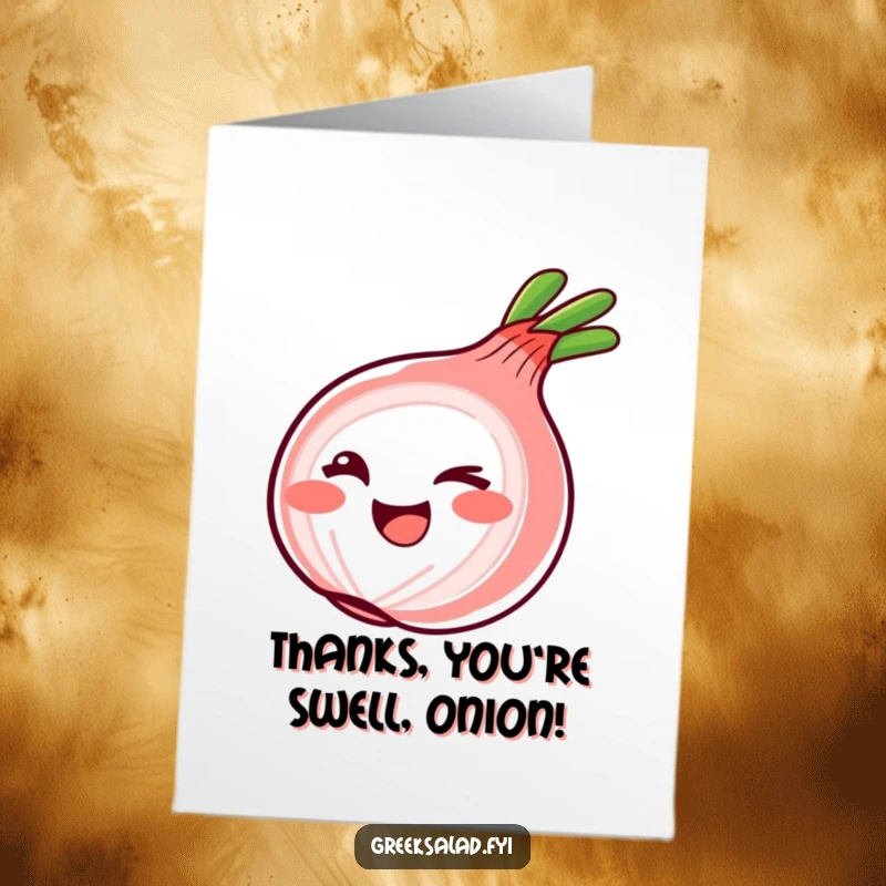 Funny Free Printable Thank You card with a smiling red onion ring giving a playful wink, adding a humorous touch to your gratitude.