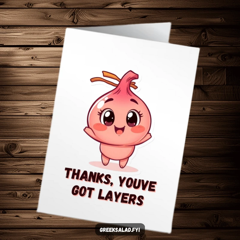 Funny Free Printable Thank You Card: A delightful red onion character spinning gleefully, conveying thanks with humor.