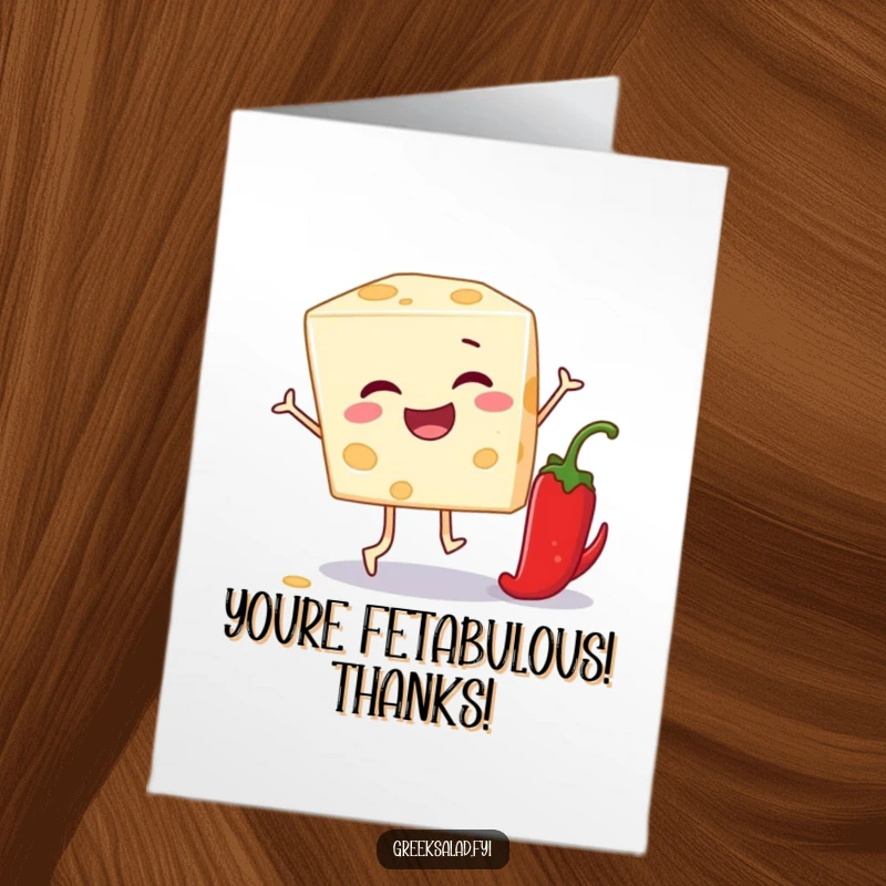 Funny Free Printable Thank You Card featuring feta cheese and pepper in a leapfrog pose, adding humor to thanks.