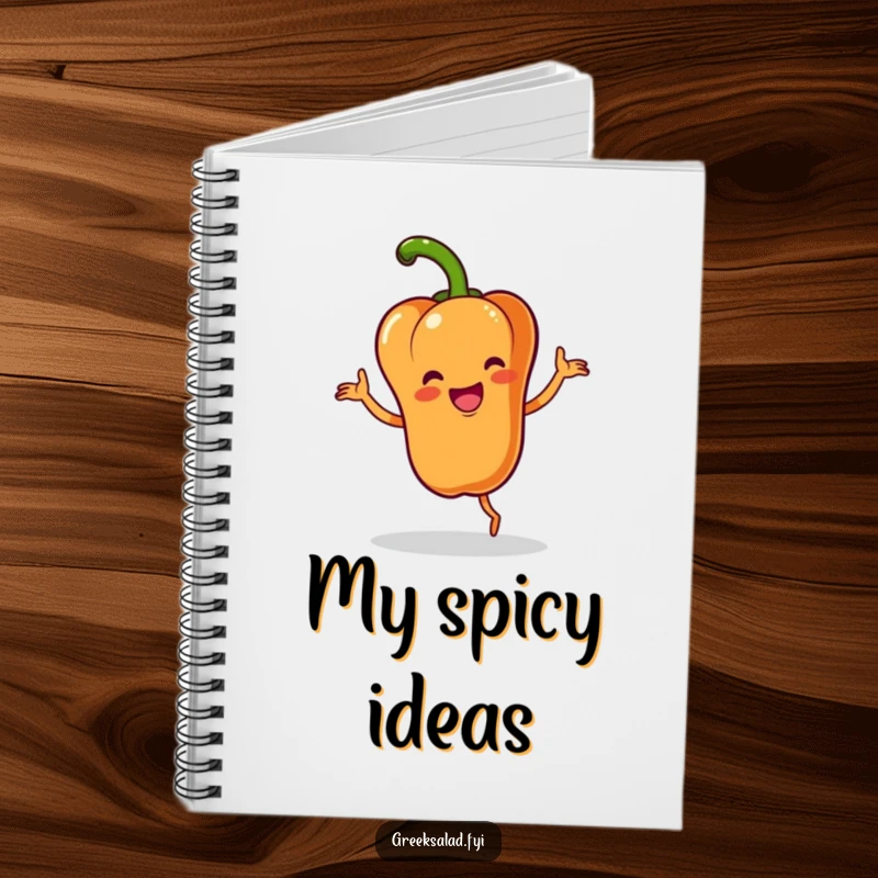 Funny notebook cover with a happy bell pepper character doing a little jig with a flourish, perfect for note-taking with flair.