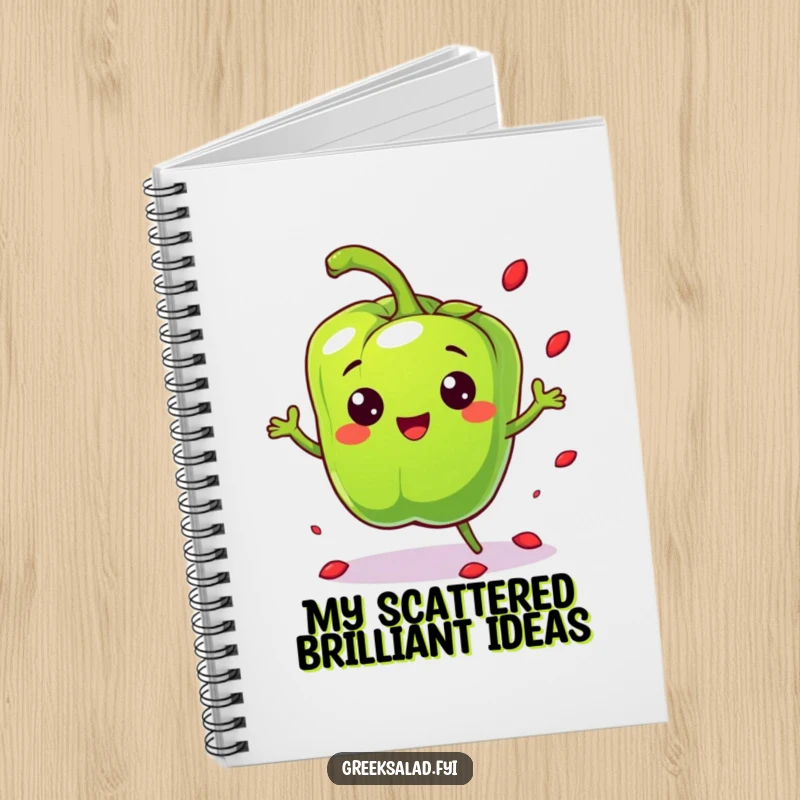 Funny cheerful bell pepper character bouncing playfully and scattering seeds on the cover of a humorous notebook.