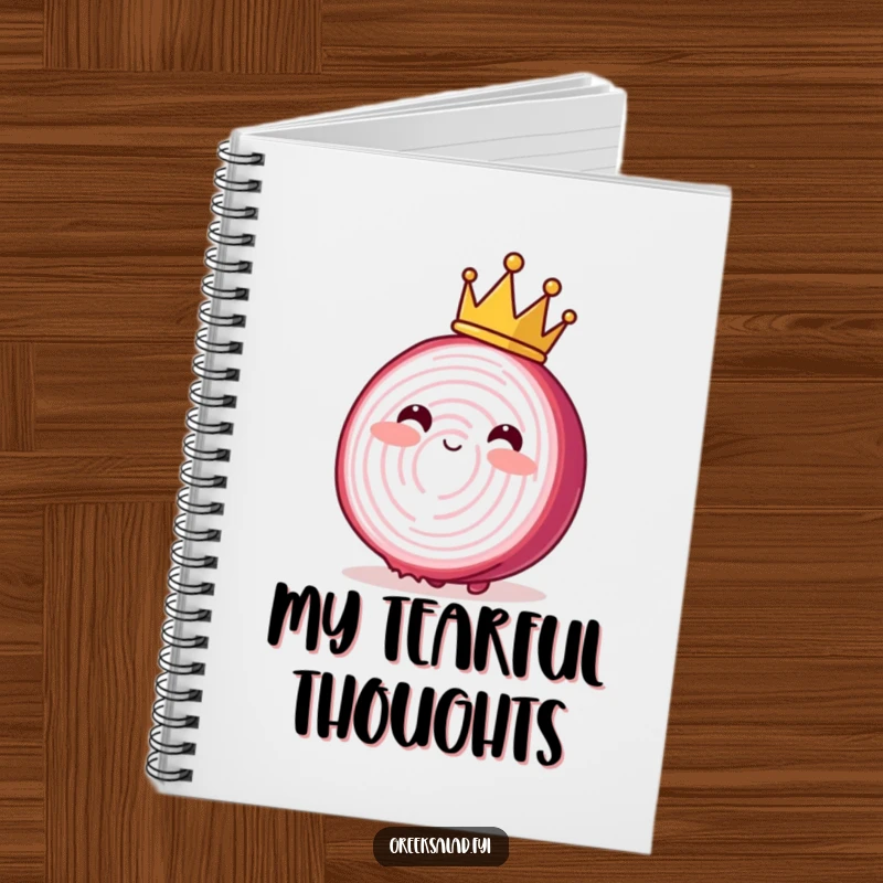 Funny notebook cover featuring a blushing red onion slice wearing a crown, swaying, ready for regal ideas.