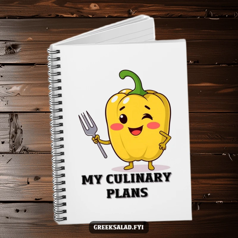 Funny notebook cover showing a jolly bell pepper in a confident pose with a mini fork, ready to inspire bold culinary notes and ideas.