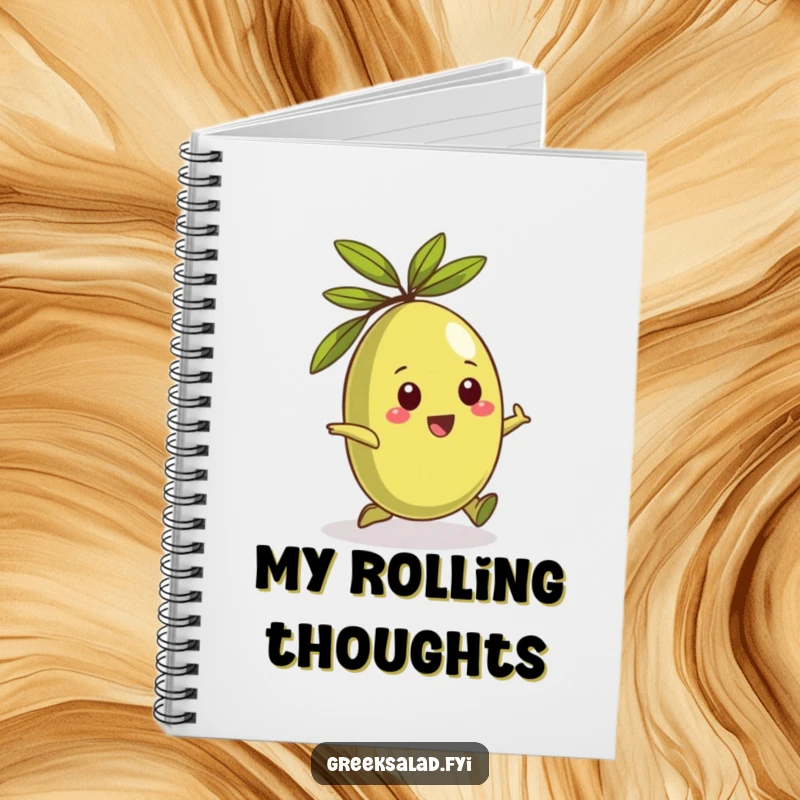 Funny notebook with a playful Greek olive character rolling happily, inspiring fun and Mediterranean-themed note-taking.