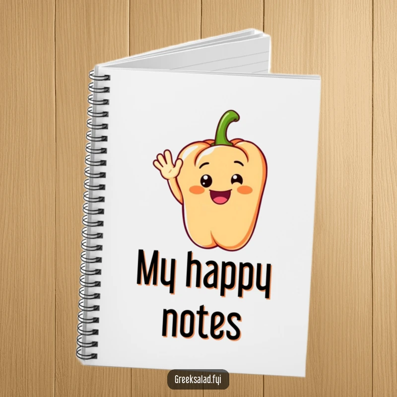Funny notebook cover featuring a grinning bell pepper segment waving cheerfully, ready for bright ideas.