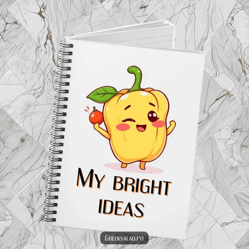 Funny notebook cover with a happy bell pepper character winking and tossing a caper, ideal for jotting down cheerful thoughts.