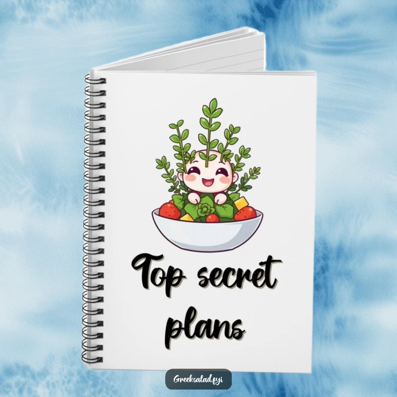 Funny notebook with a happy oregano sprig winking from atop a salad, inspiring fresh and humorous note-taking.