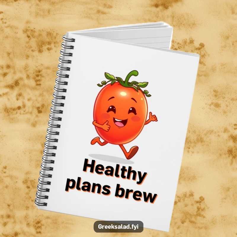 Funny notebook with a cheerful tomato wearing a laurel wreath, jogging happily, ideal for fitness notes.