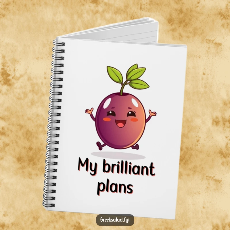 Funny Kalamata olive character with its stem hopping in delight on a notebook cover, sparking creativity.