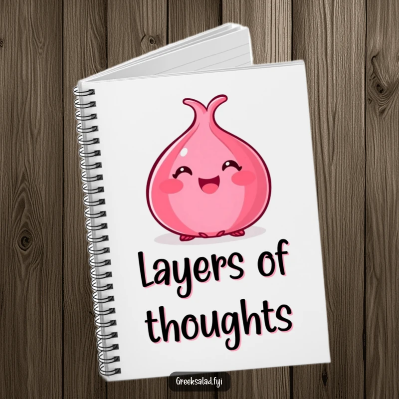 Funny notebook with a happy red onion peeking out, perfect for note-taking and doodling humor.