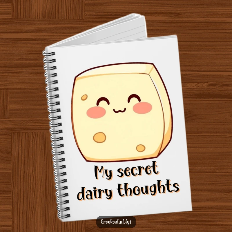 Funny notebook cover with a shy feta cheese block blushing adorably, ideal for writing down thoughts with a touch of endearing dairy charm.