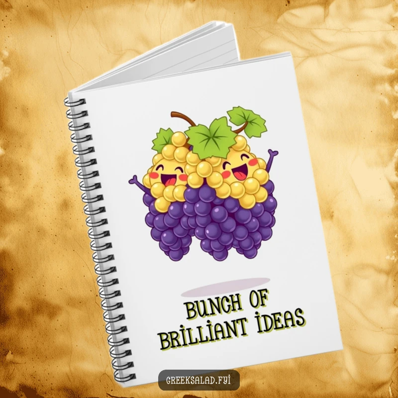 Funny notebook cover with a bunch of grapes joyfully performing a synchronized jump, inspiring energetic note-taking and creative expression.