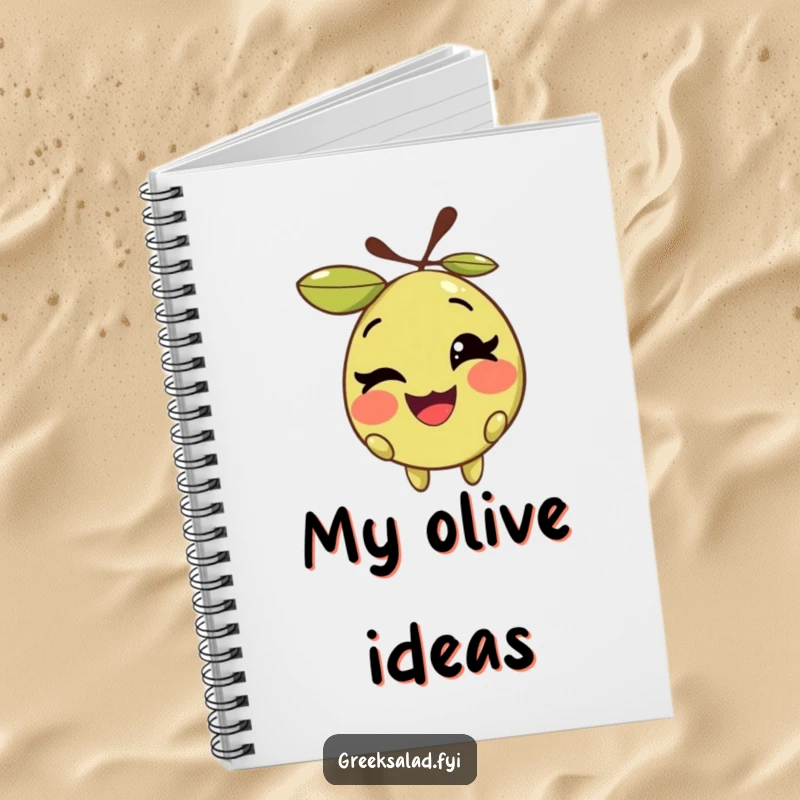 Funny notebook with a smiling olive character winking playfully, ideal for jotting down witty notes and creative ideas.