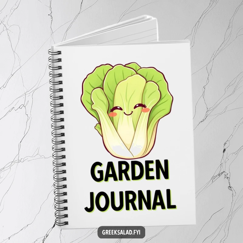Funny notebook with a giggling romaine lettuce leaf waving, inspiring creative writing and note-taking with a touch of veggie humor.