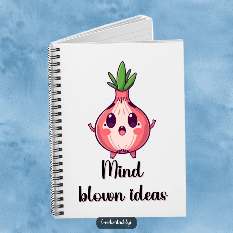 Funny notebook cover with a surprised red onion character and expanding rings, ideal for jotting down shocking thoughts.