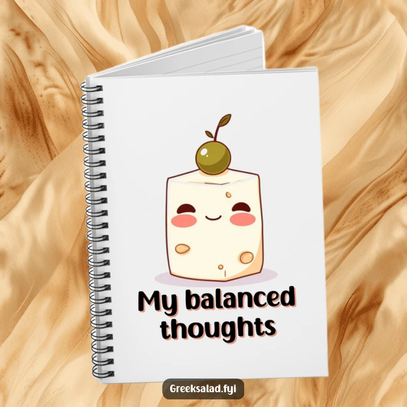Funny Feta Cheese Olive Notebook: A blushing feta cube balances an olive, perfect for jotting culinary ideas.