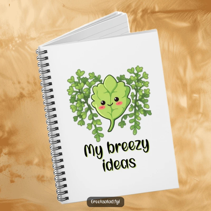 Funny notebook cover featuring a curious oregano leaf with a smile, gently floating down, ready for calm ideas.