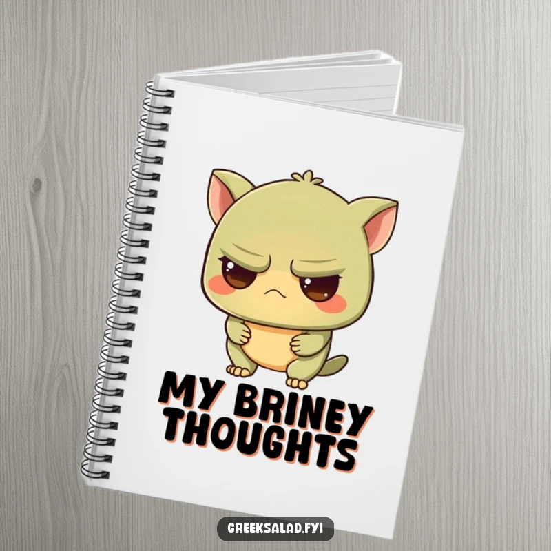 Funny notebook cover with a grumpy olive character looking intrigued, ideal for jotting down thoughts with a touch of dry wit and curiosity.