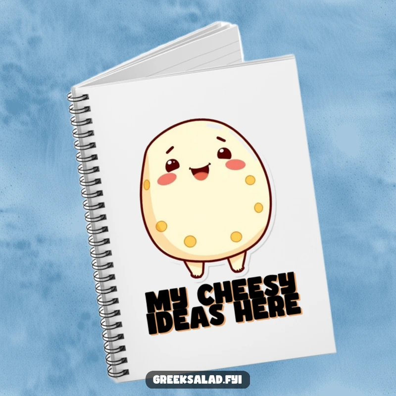 Funny notebook with a proud feta cheese character beaming, ideal for jotting down notes with a dose of dairy humor.
