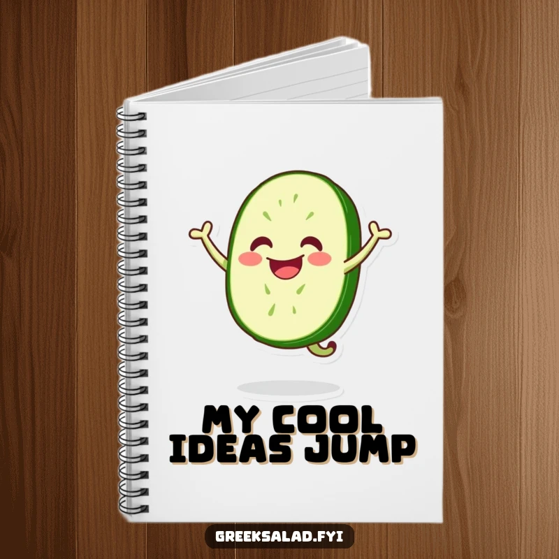 Funny notebook cover with a smiling cucumber slice doing a happy jump, perfect for jotting down notes with a side of veggie humor.