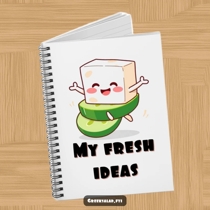 Funny notebook cover featuring a smiling feta cheese block character playfully leaping from a cucumber slice, perfect for amusing note-taking.