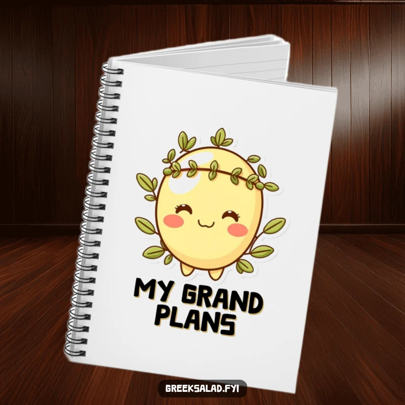 Funny notebook cover with a cheeky olive character wearing a small laurel wreath, ideal for jotting down witty thoughts.