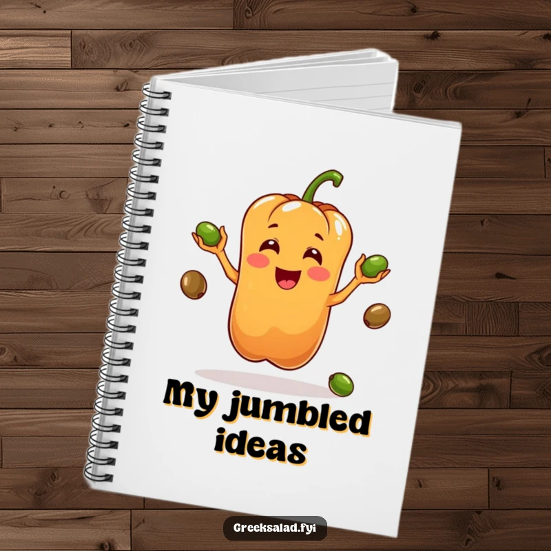Funny notebook cover featuring a bell pepper character juggling olives, inspiring notes filled with fun and lightheartedness.