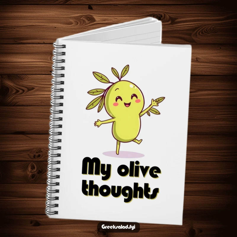 Funny dancing olive notebook with a smiling character grooving, perfect for jotting down notes with a humorous food theme.