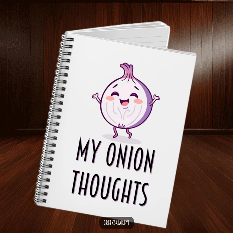 Funny notebook cover with a giggling purple onion slice character dancing playfully, ready to capture notes and ideas.