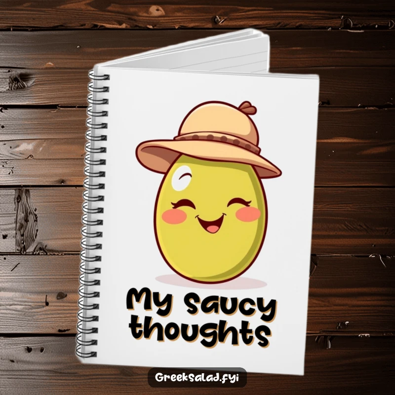 Funny notebook cover with a happy olive character wearing a jaunty hat and giving a playful wink, perfect for secret notes.