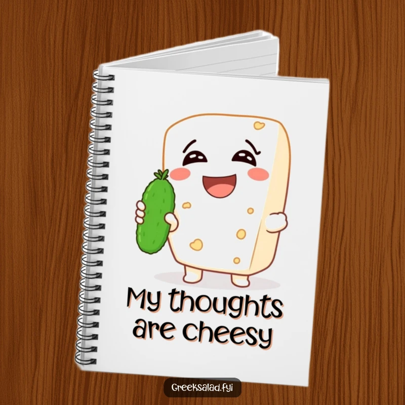 Funny notebook with a laughing feta cheese character holding a tiny cucumber, ideal for jotting down witty thoughts with a cheesy flair.