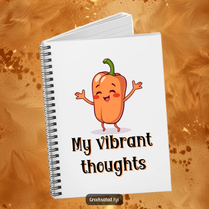 Funny notebook showcasing a bell pepper character dancing goofily, providing a joyful space for writing, recipes, and veggie-themed ideas.