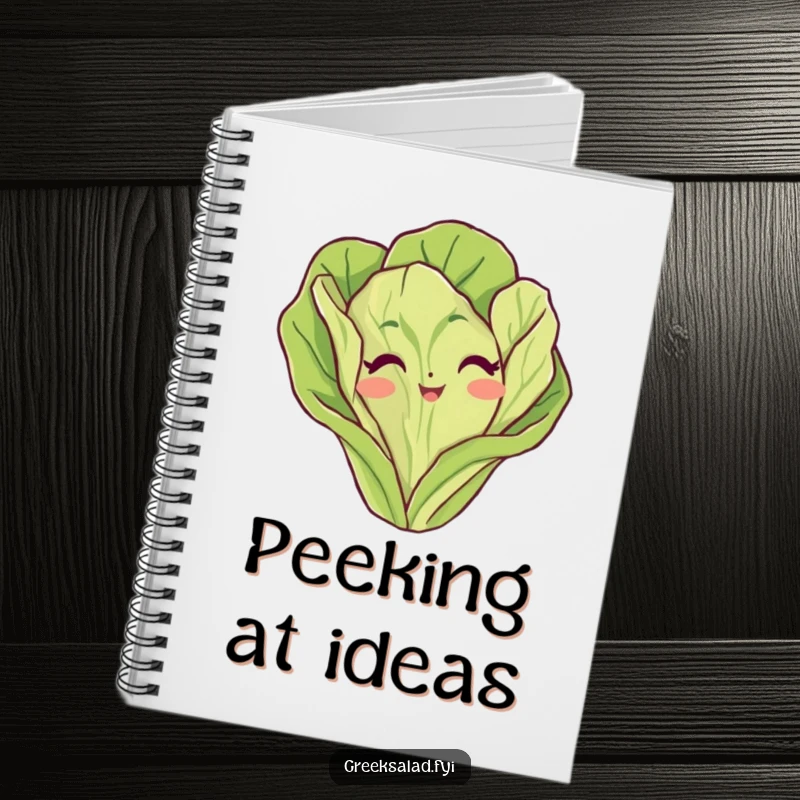 Funny lettuce leaf notebook with a vegetable character playfully peeking from the cover, perfect for jotting down funny ideas.