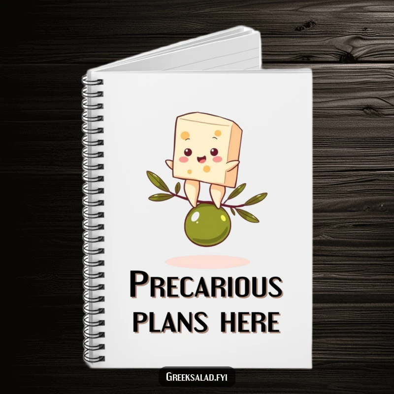 Funny notebook with a feta cheese character comically balancing on an olive, designed for jotting notes with gourmet humor.