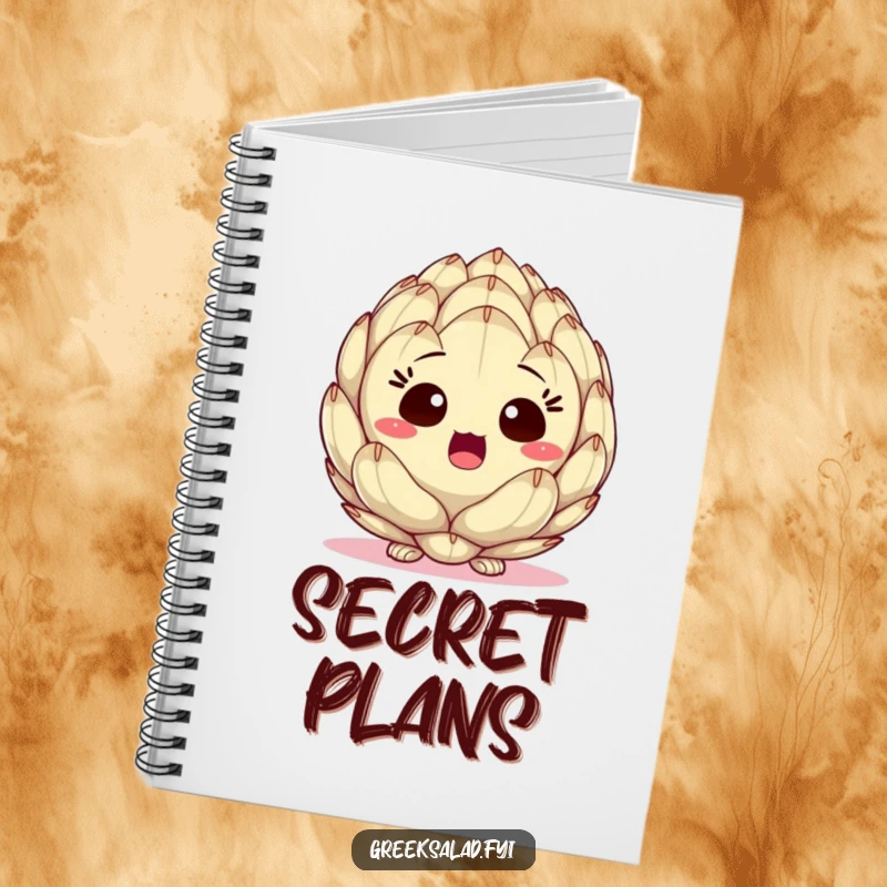 Funny notebook with a surprised artichoke heart peeking, inspiring creative writing and note-taking with a touch of veggie humor.