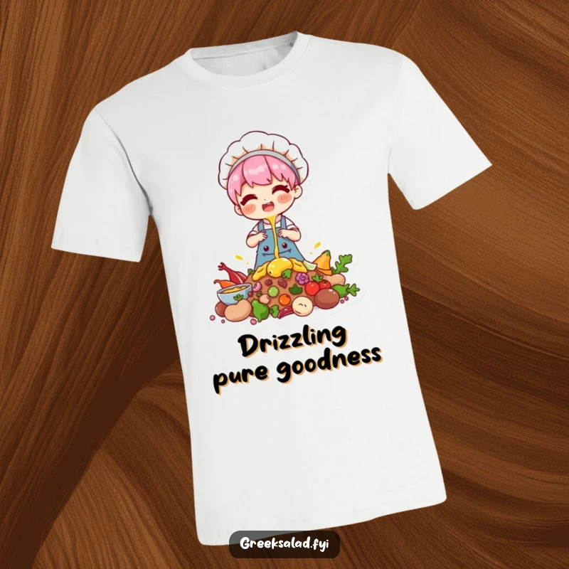 Funny t-shirt depicting a chef character joyfully drizzling over a pile of ingredients, celebrating the art of baking.