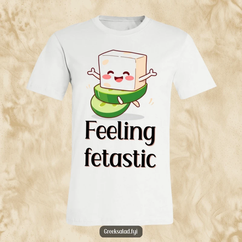 Funny t-shirt depicting a smiling feta block character leaping playfully from a cucumber slice, full of cheerful energy.