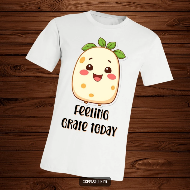 Funny t-shirt showcasing a beaming feta cheese character, perfect for those who appreciate dairy-themed humor and cheerful designs.