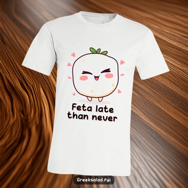 Funny feta cheese t-shirt with a jolly character winking mischievously, ideal for fans of cheesy puns and funny food designs.