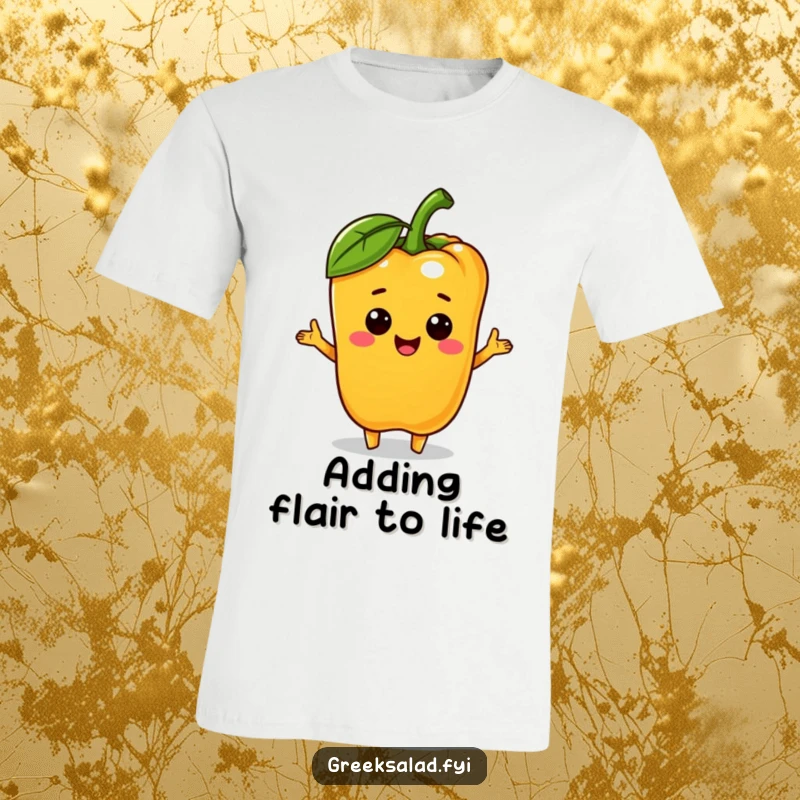 Funny bell pepper character holding out a mini olive on a t-shirt, conveying a message of generosity and cheerful friendship.
