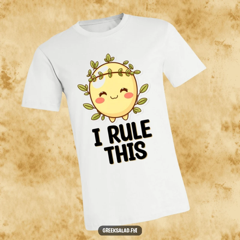 Funny t-shirt design of a cheeky olive character with a grin, wearing a small laurel wreath, celebrating wit and style.
