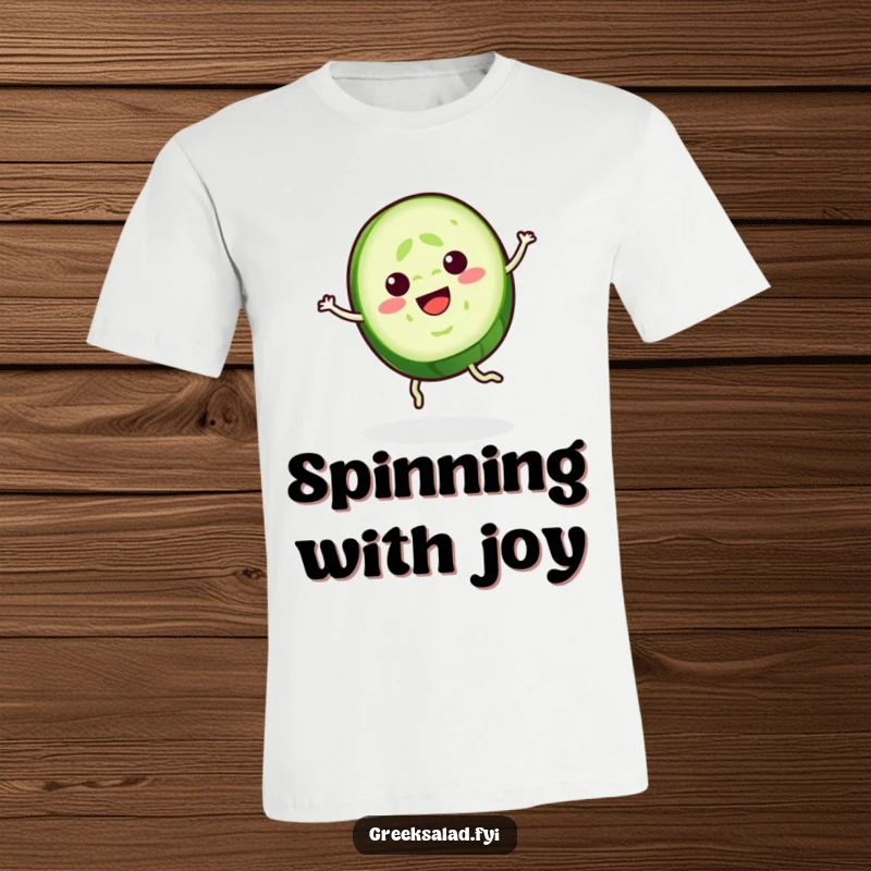 Funny Cucumber T-Shirt: A cheerful cucumber slice performs a graceful spin, embodying coolness and playful serenity.