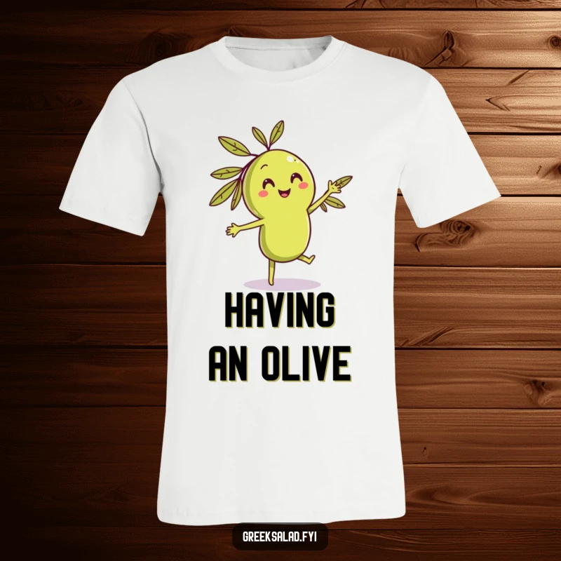 Funny olive t-shirt with a smiling character in a playful dance, ideal for fans of fun food characters and quirky designs.